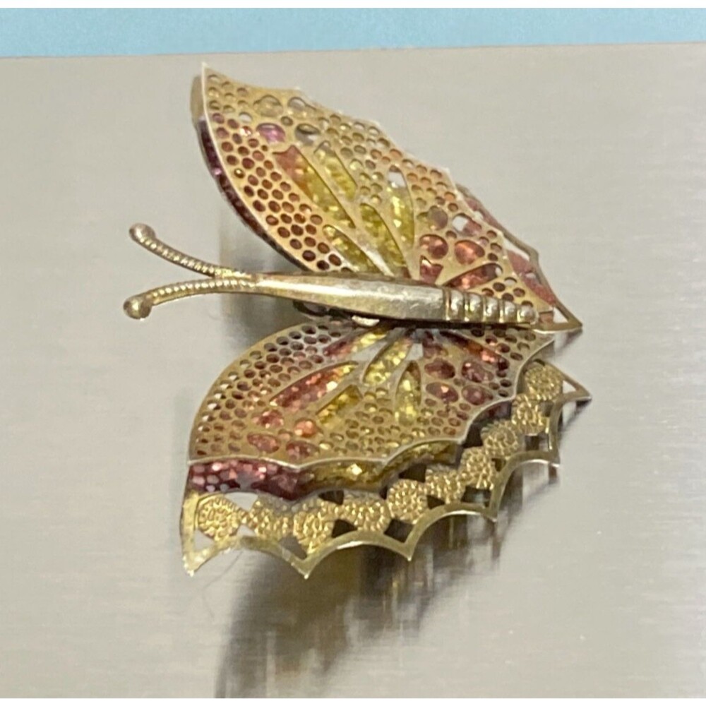 VTG Butterfly Brooch Pin Gold Tone Copper Glitter Filigree Openwork Layered Wing